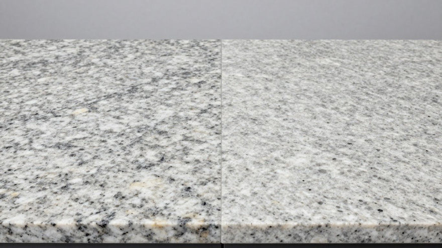 Granite and quartz kitchen countertops side-by-side comparison.