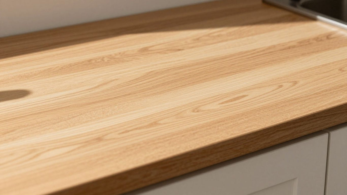 Stylish laminate wood kitchen worktop with natural grain texture.