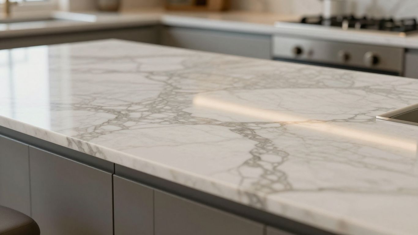 Luxurious marble kitchen worktop with intricate veining.