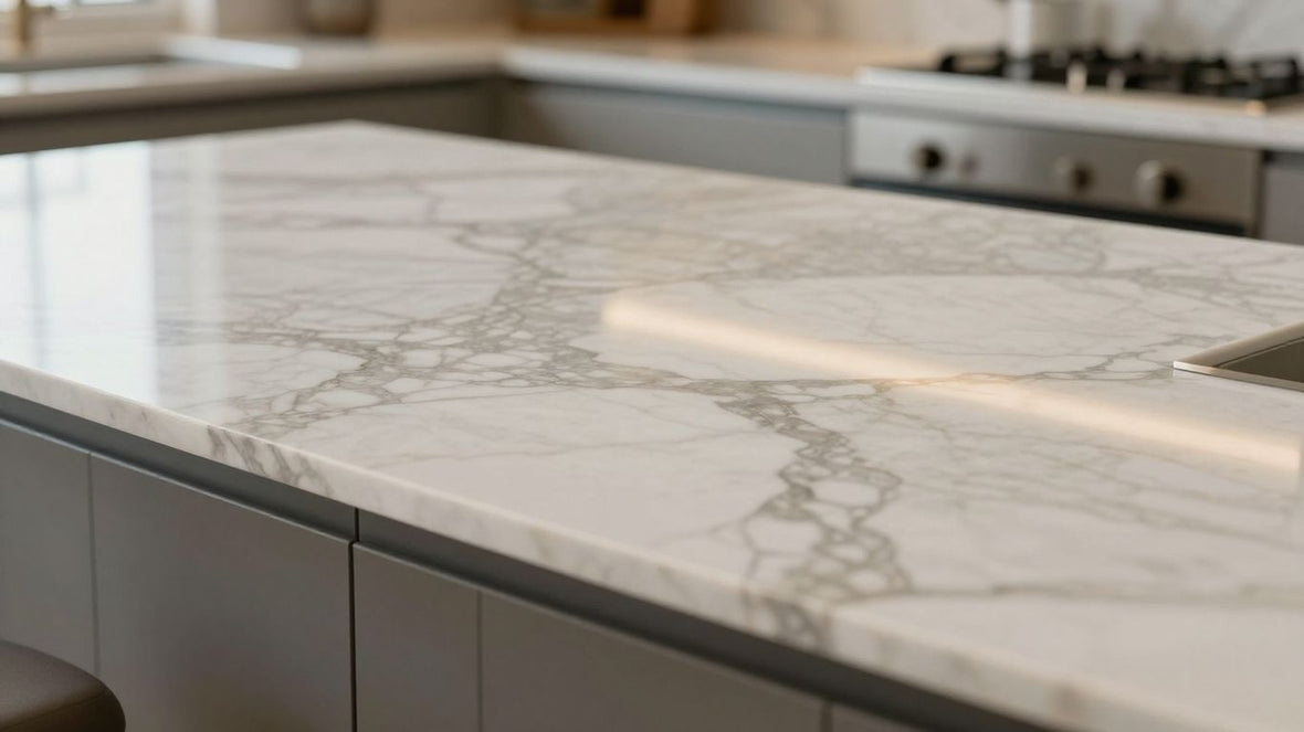 Luxurious marble kitchen worktop with intricate veining.