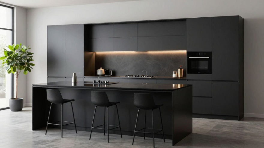 Sleek black kitchen worktop on island