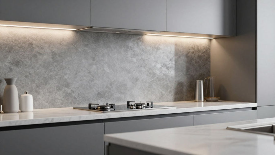Modern kitchen with grey laminate splashback
