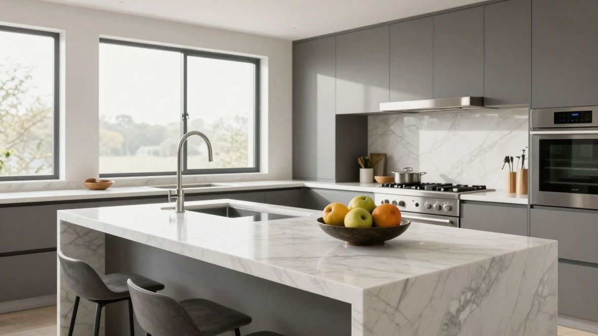 Modern kitchen with marble countertops and natural lighting.