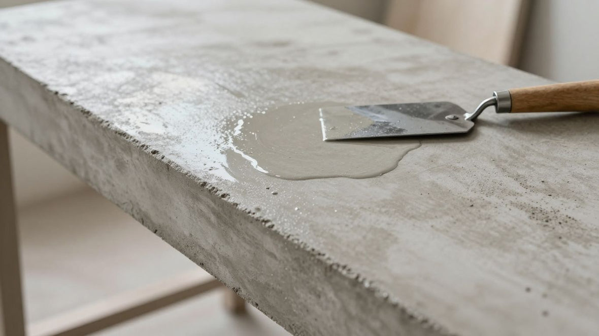 DIY concrete worktop with trowel nearby.