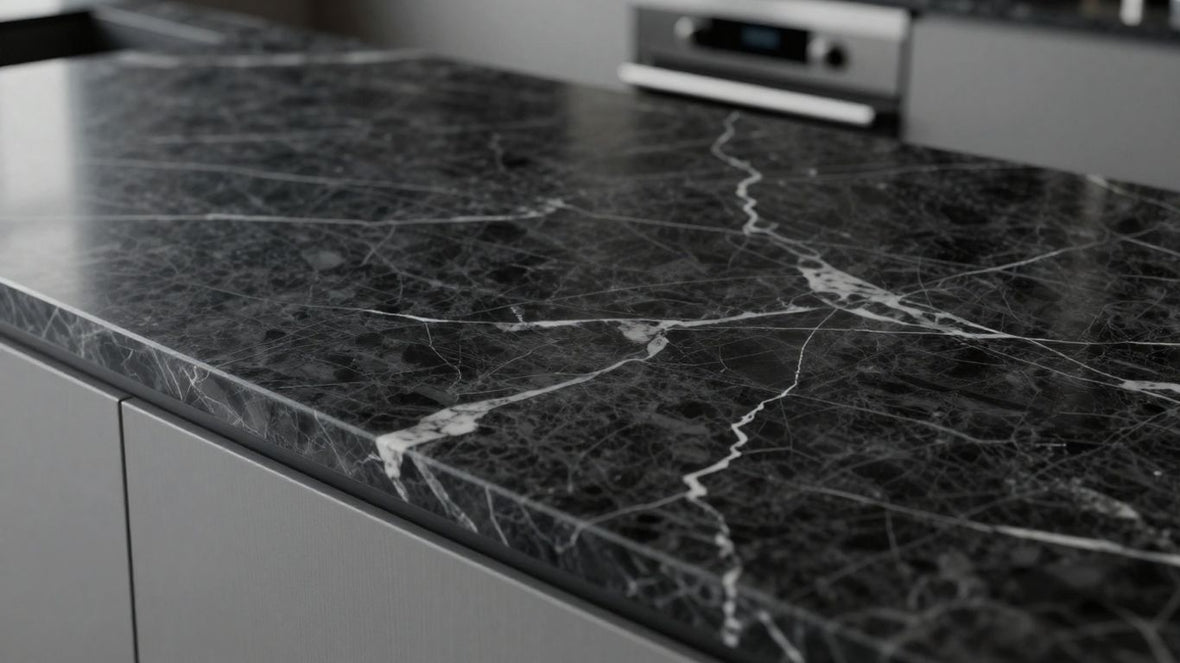 Black marble kitchen worktop with white veining.