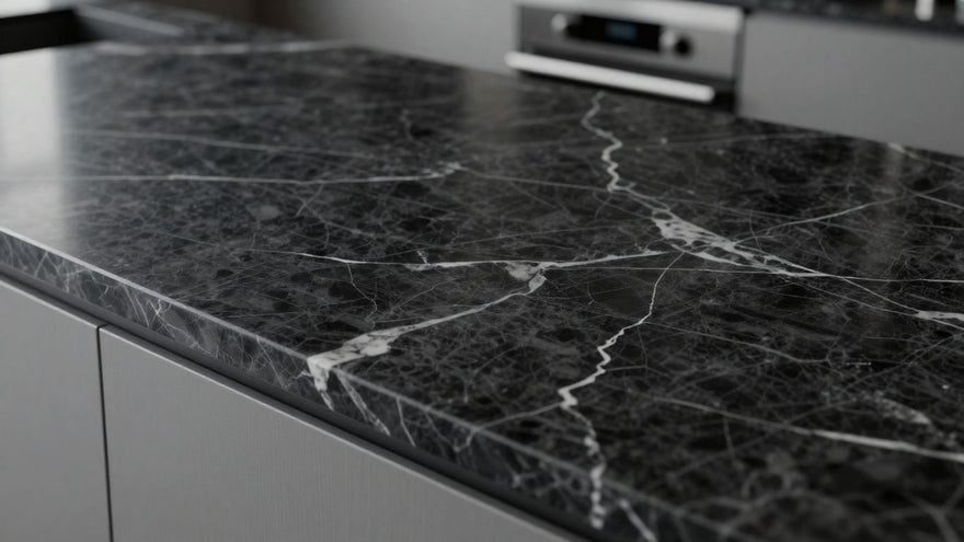 Black marble kitchen worktop with white veining.