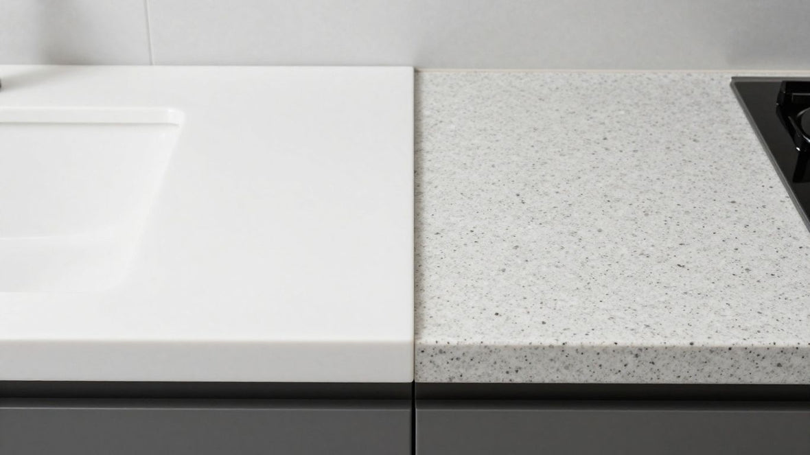 Porcelain and quartz countertops side-by-side in a kitchen.