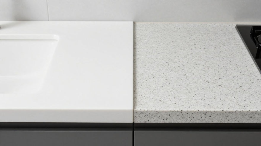Porcelain and quartz countertops side-by-side in a kitchen.