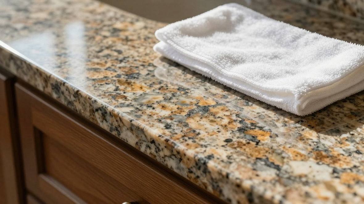 Polished granite countertop with a cleaning cloth