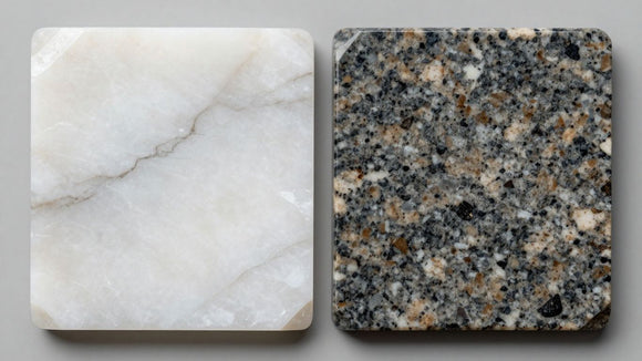 Quartz and granite slabs side-by-side comparison.