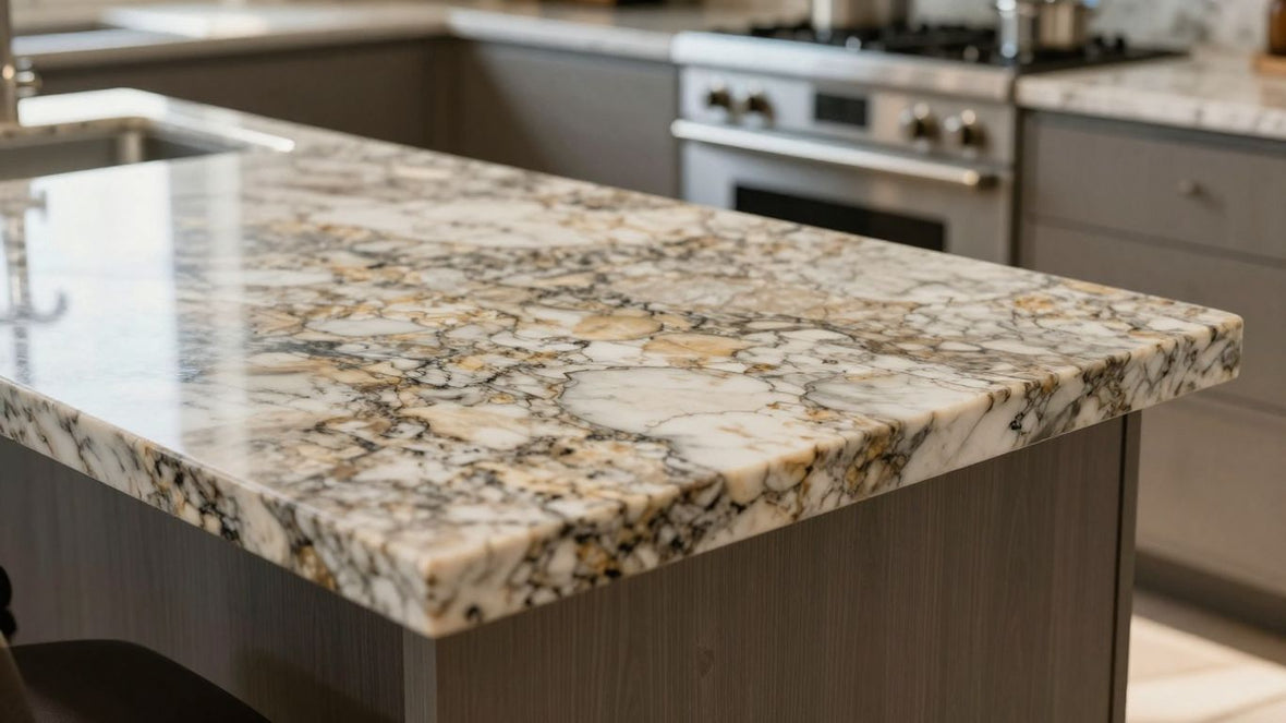Polished granite worktop on a kitchen island.
