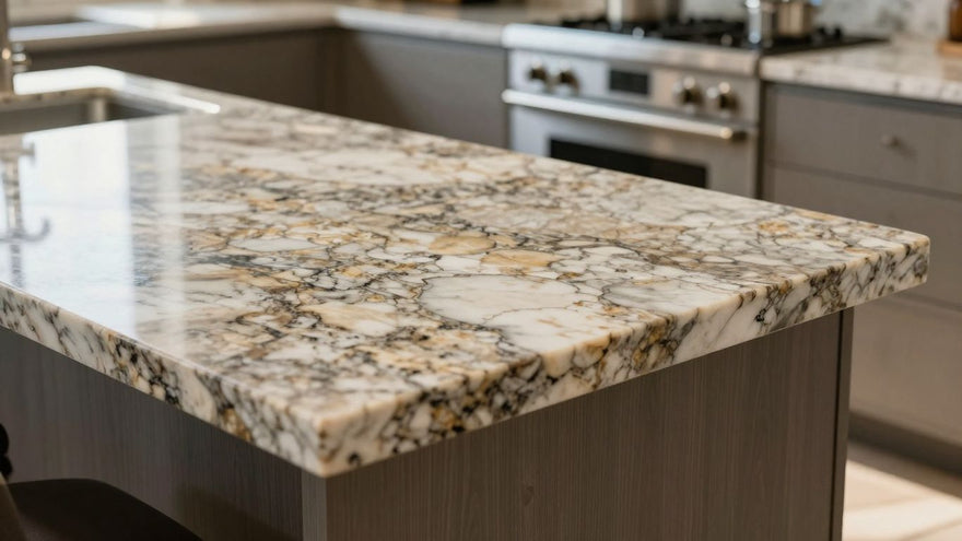 Polished granite worktop on a kitchen island.