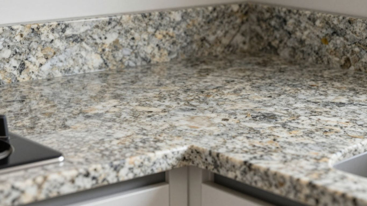 Polished granite kitchen worktop with natural patterns.