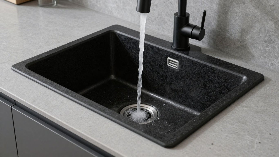 Stylish black granite kitchen sink with modern faucet.