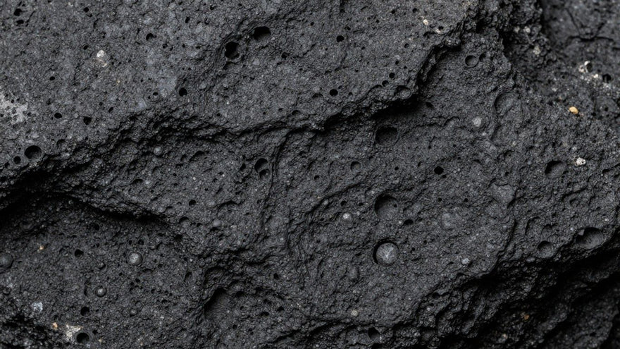 Close-up of dark, vesicular basalt rock with visible bubbles.
