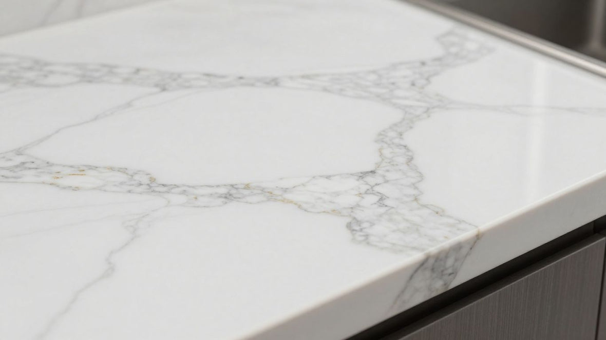 Luxurious white marble effect kitchen worktop with grey veins.