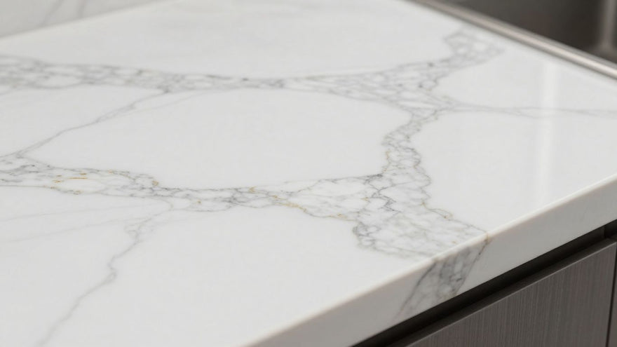 Luxurious white marble effect kitchen worktop with grey veins.