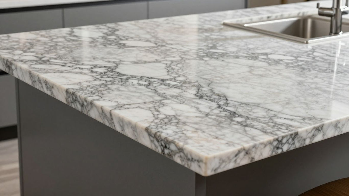Marble and quartzite countertops side-by-side.
