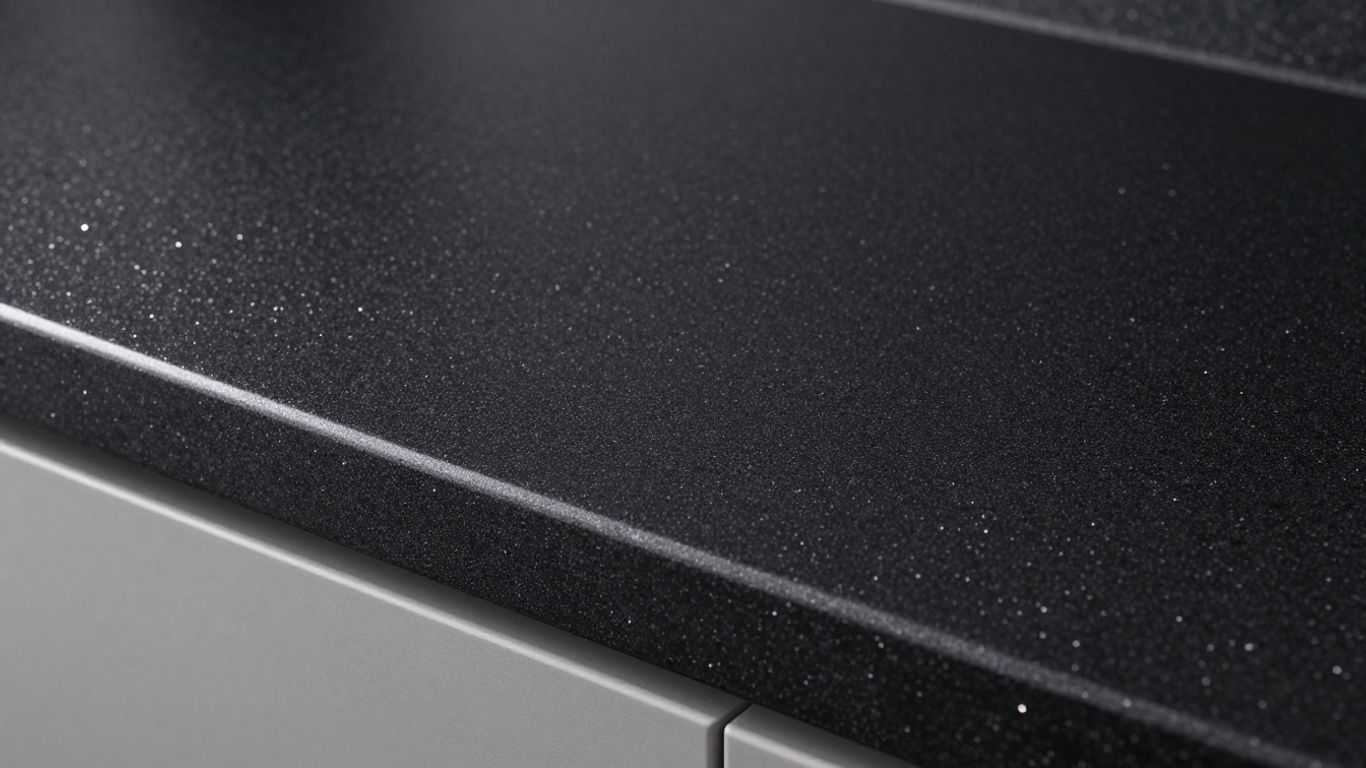 Black sparkle kitchen worktop with reflective particles.