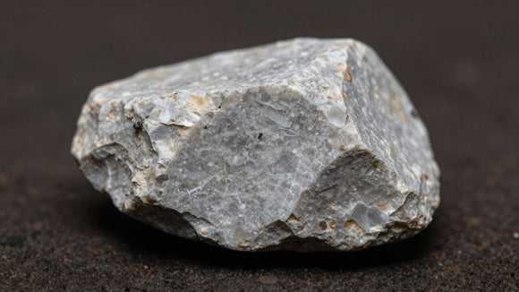 Close-up of a brittle quartzite shard on dark earth.