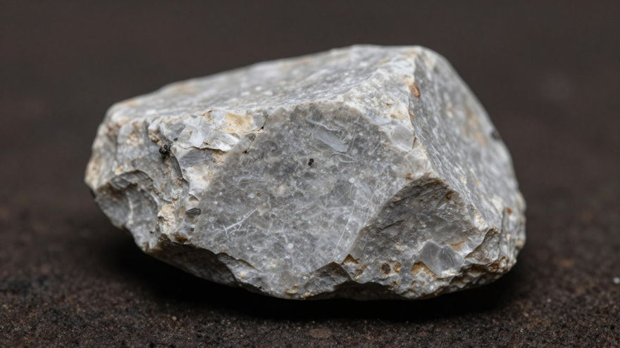 Close-up of a brittle quartzite shard on dark earth.