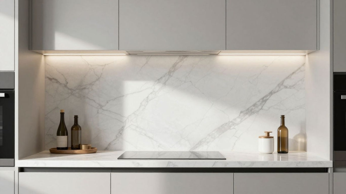 Elegant kitchen with a white marble splashback.