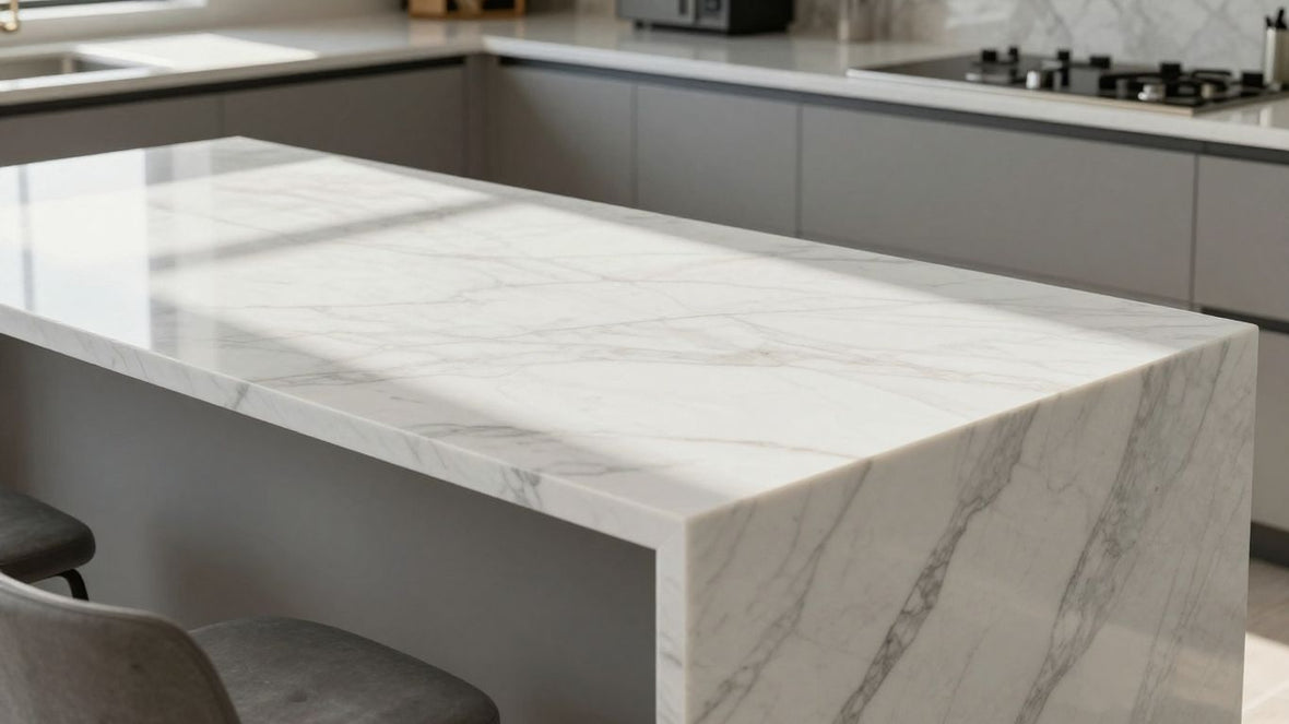 Polished marble kitchen worktop with grey veining.