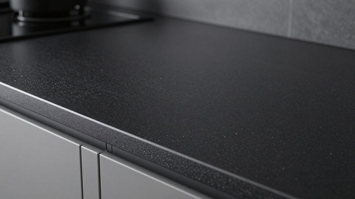 Black sparkle kitchen worktop with subtle shimmering flecks.