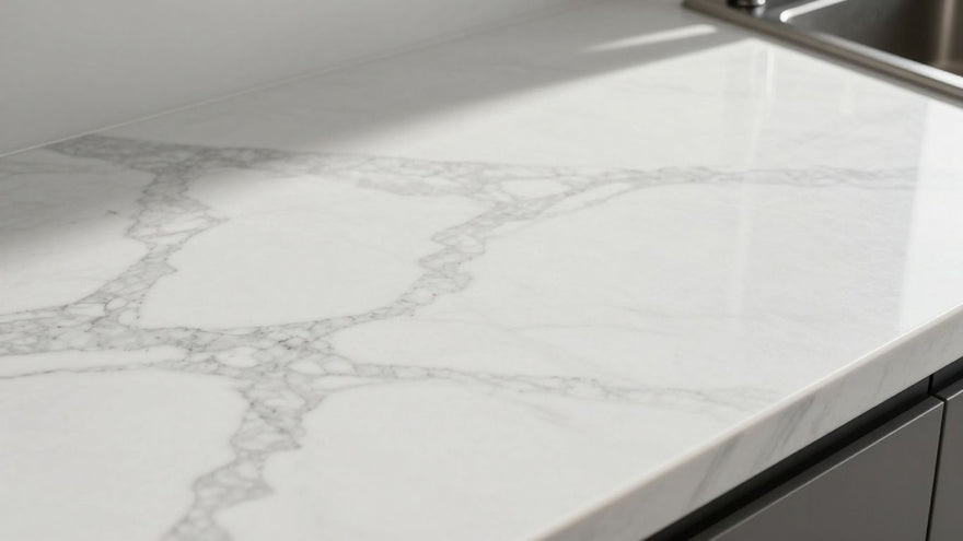 Durable vinyl kitchen worktop with marble pattern.