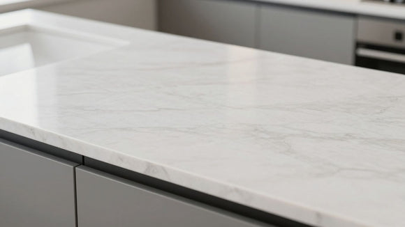 White quartz kitchen worktop with subtle veining.