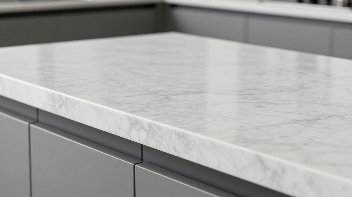 Sleek quartz worktop with subtle veining.
