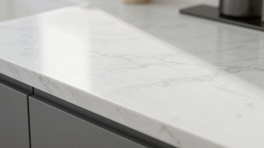Elegant white quartz kitchen worktop with subtle veining.