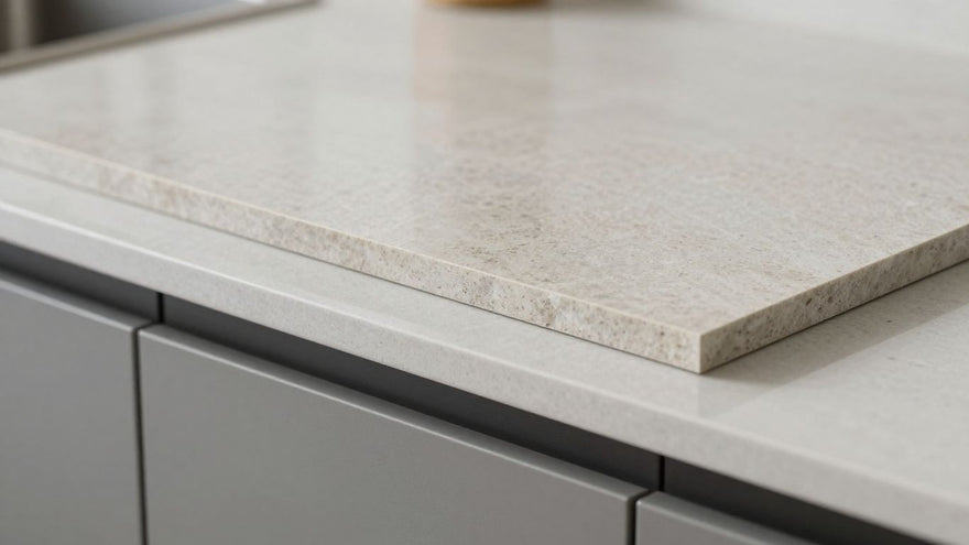 Durable laminate sheet kitchen countertop with stone pattern.