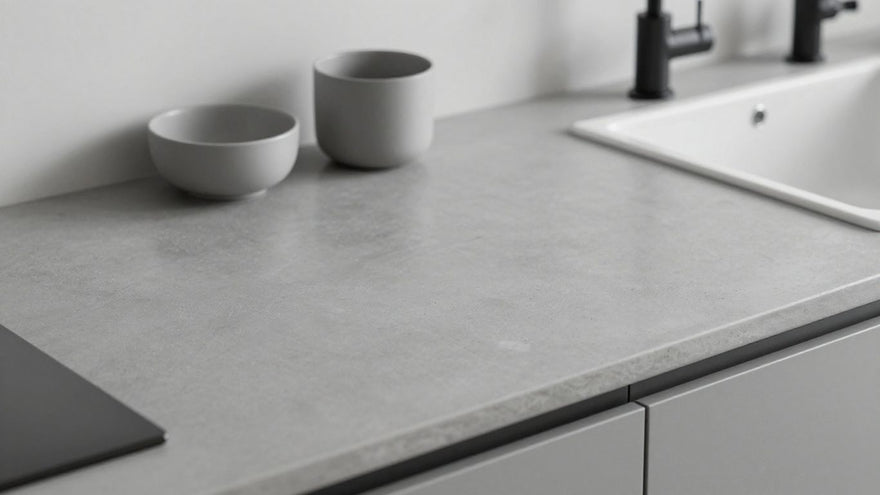 Modern cement kitchen worktop with minimalist utensils.