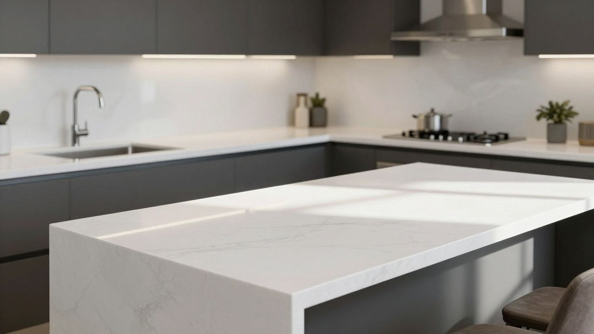 White quartz worktops in a modern kitchen