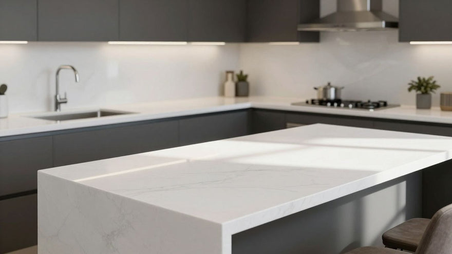 White quartz worktops in a modern kitchen
