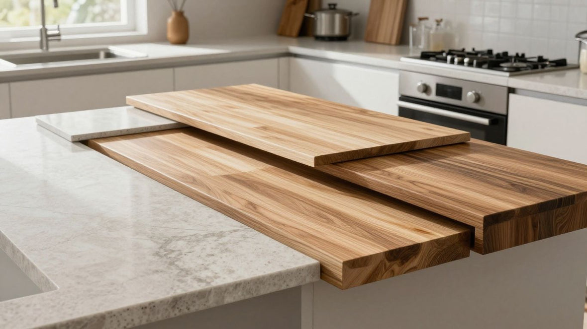 Various kitchen worktop styles and materials displayed.