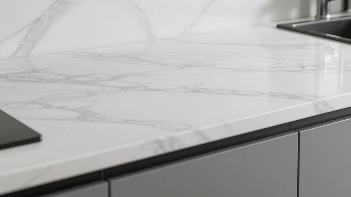 Marble-effect vinyl kitchen worktop surface.