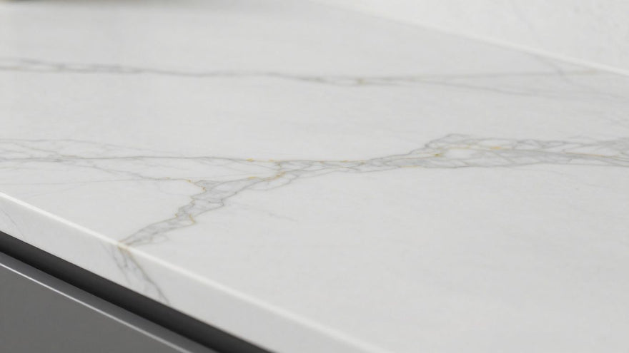 White marble effect kitchen worktop with grey veining.