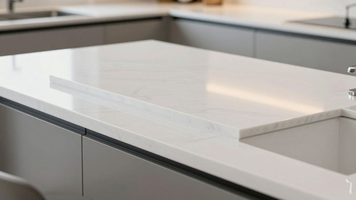 Modern kitchen with white quartz countertops and island.