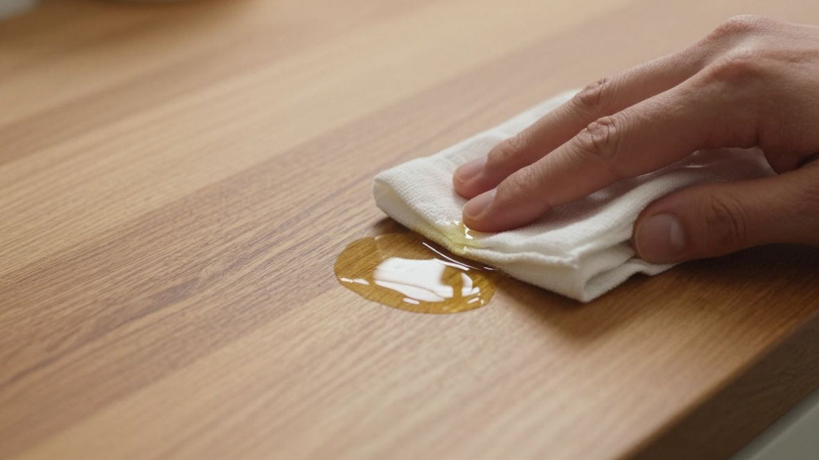 Wooden kitchen worktop being oiled