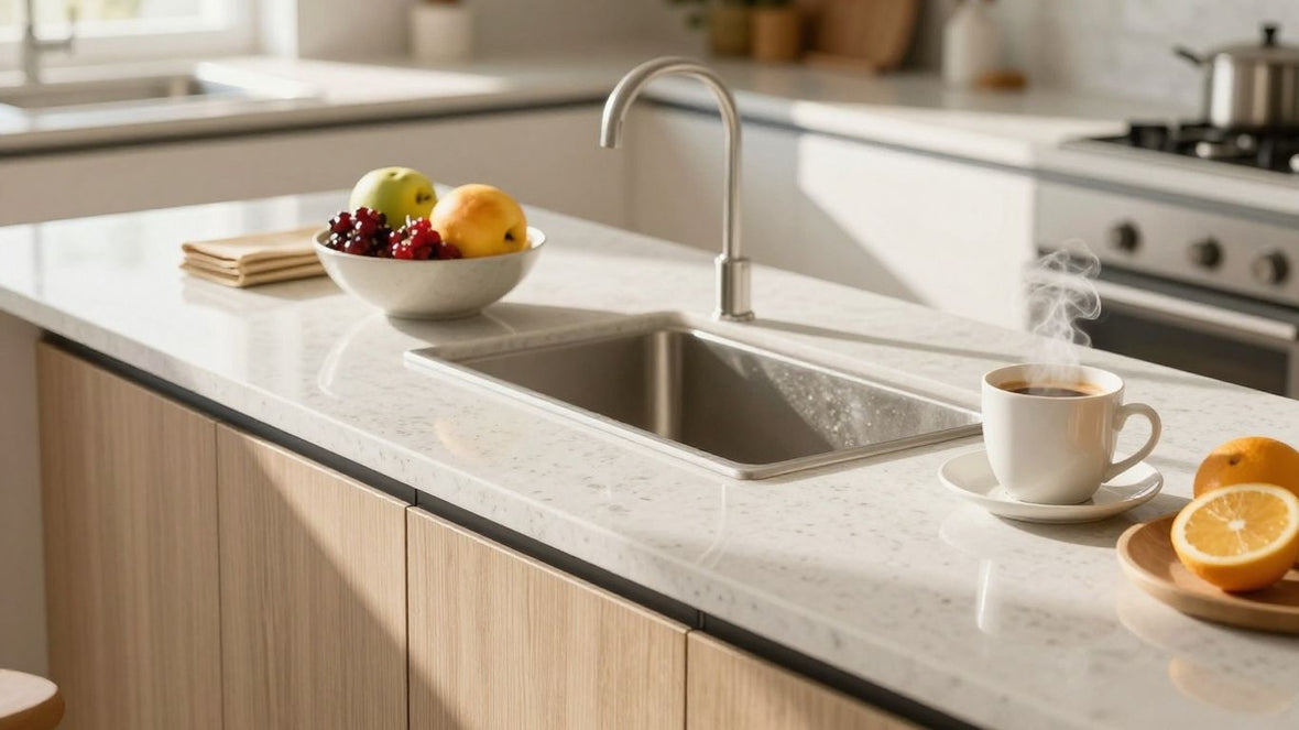 Modern kitchen breakfast bar with quartz worktop and fruit.