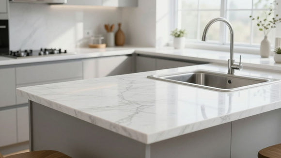 Stylish white quartz countertop in a modern kitchen.