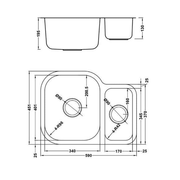 ETRODUO 589/450U BBL SINK,Stainless Steel Sink,1810 Company UK,www.work-tops.com