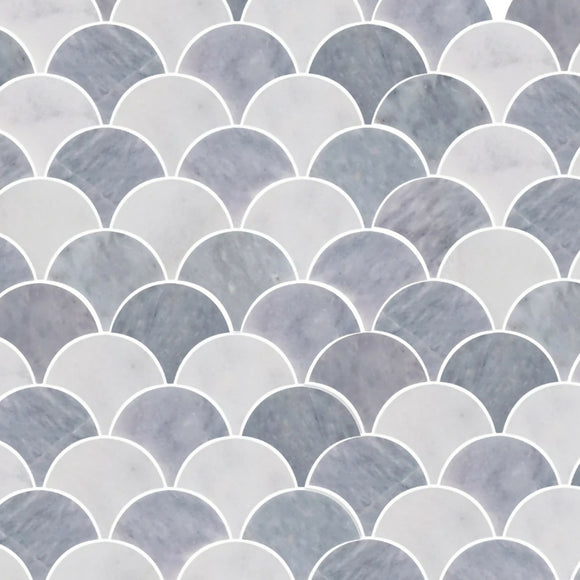 CARRARA WHITE ASH BLUE SCALLOP SHELL MOSAIC