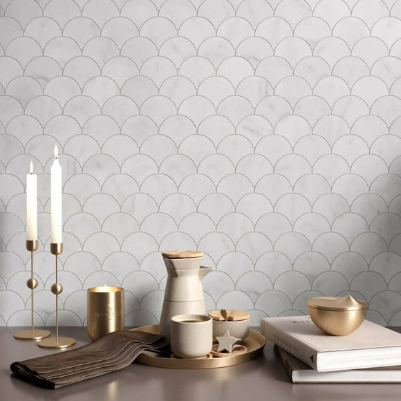 CARRARA WHITE SCALLOP SHELL MARBLE MOSAIC TILES,Tiles-Mosaic,IONIC STONE,www.work-tops.com